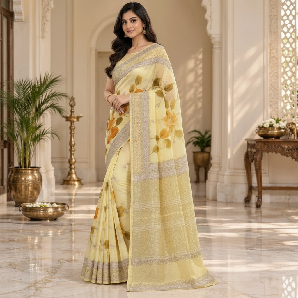 Pastel Yellow Floral Organza Saree with Zari Border & Plain Net Blouse