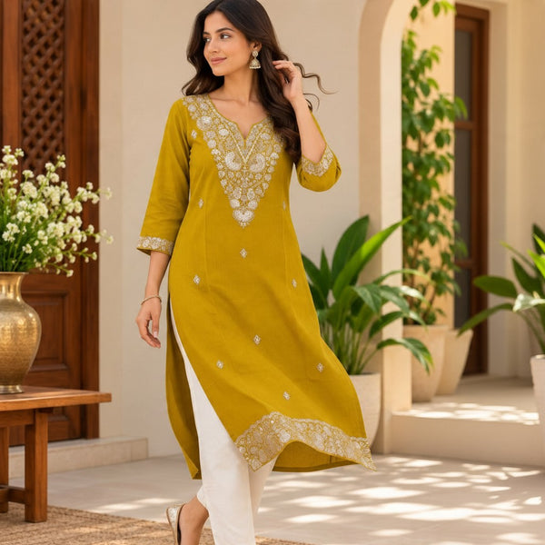 Mustard Gold Embroidered Kurta set