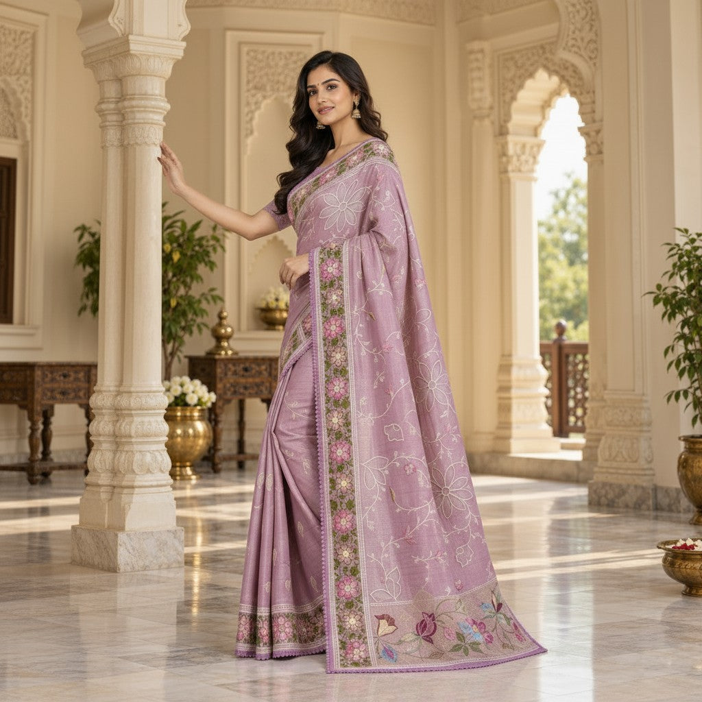 Elegant Lavender Saree with Floral Embroidery & Botanical Border