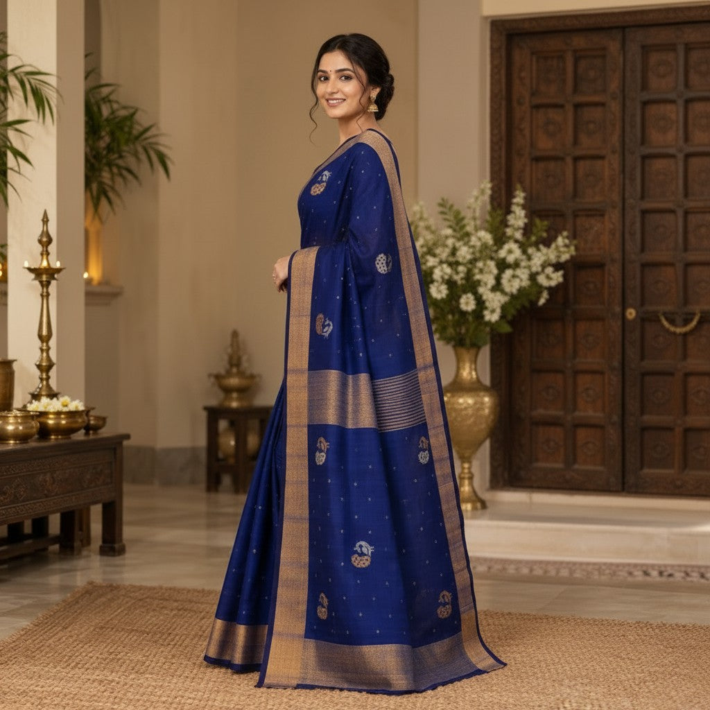 Royal Blue Handloom Saree with Traditional Gold Zari Border & Woven Motifs