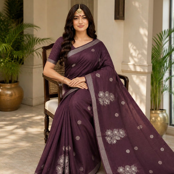 Elegant Deep Plum Floral Embroidered Silk Saree with Silver Zari Border