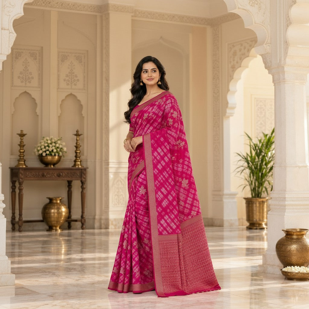 Premium Fuchsia Pink Bandhani Saree with Traditional Woven Border