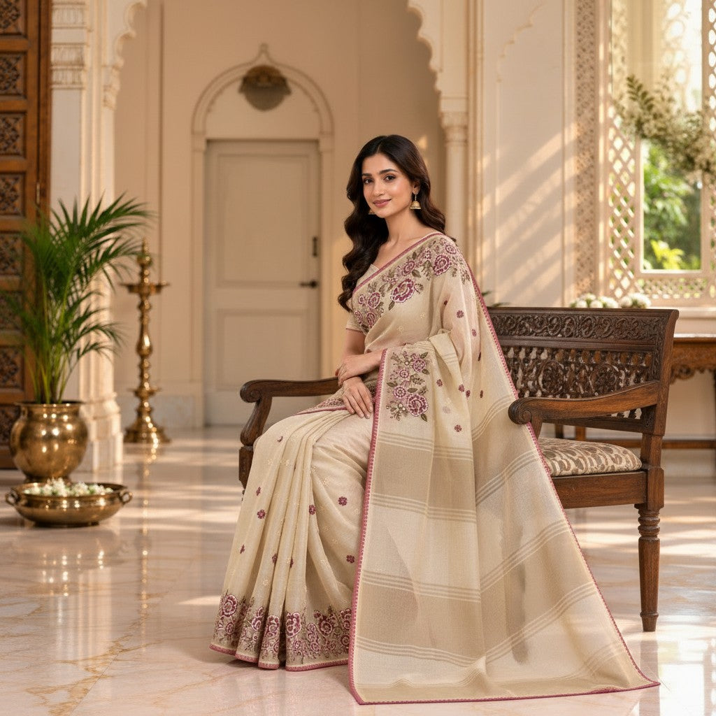 Elegant Beige Floral Printed Saree with Maroon Border
