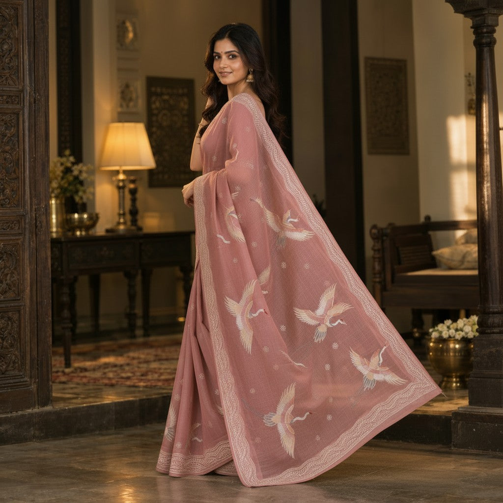 Dusty Rose Pink Floral Crane Embroidered Saree with Elegant Border