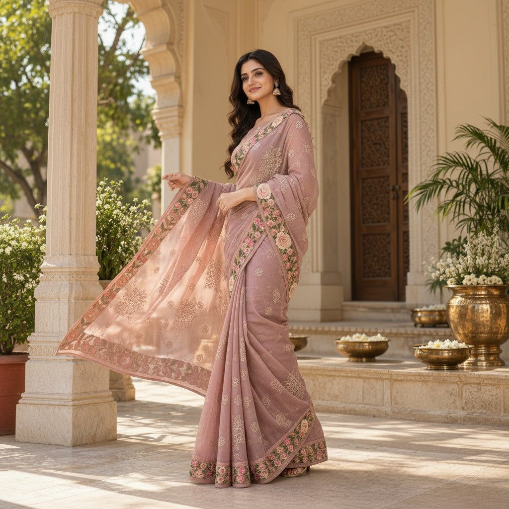Elegant Dusty Rose Floral Embroidered Saree with Multicolour Border & Pallu