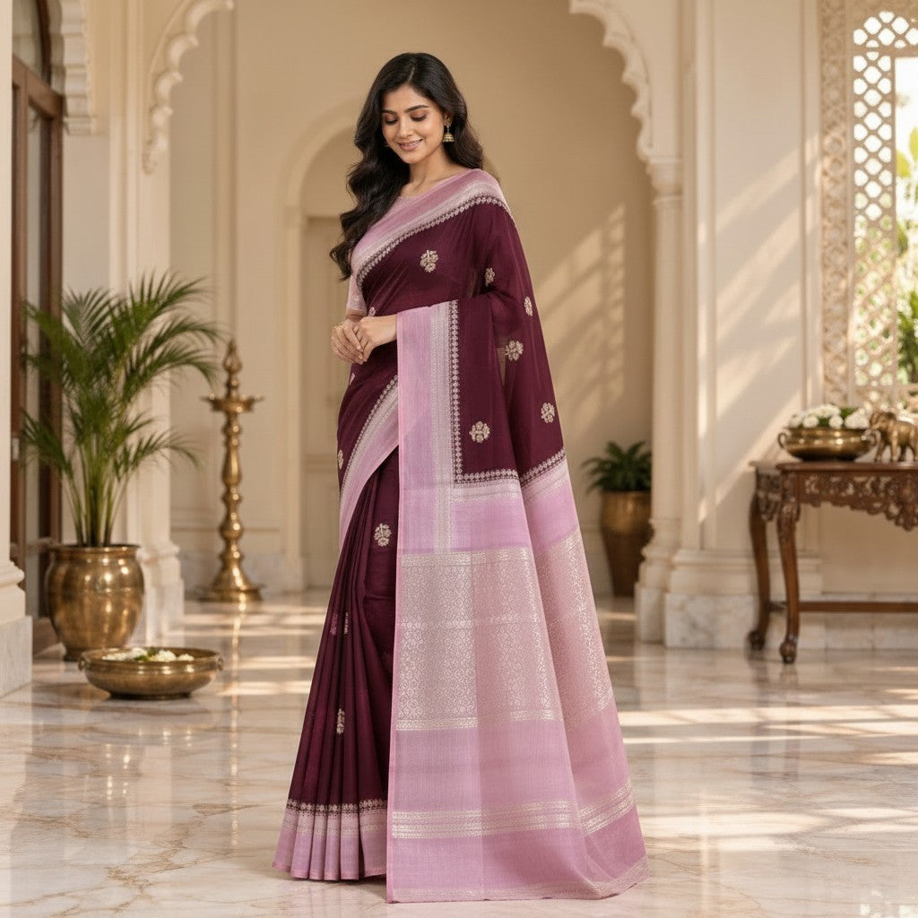 Wine Purple Silk Saree with Floral Motifs, Lilac Zari Border & Designer Pallu