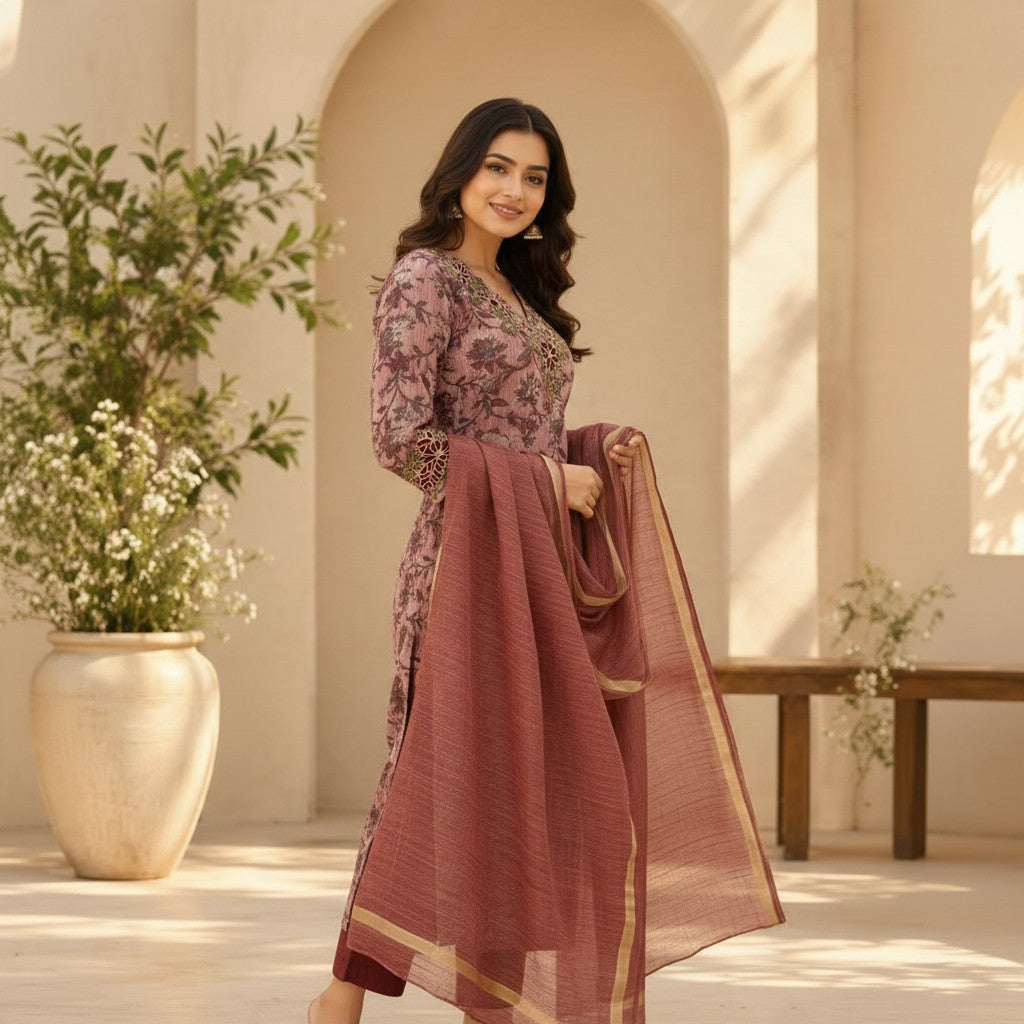 Dusty Rose Floral Embroidered Kurta Set with Dupatta