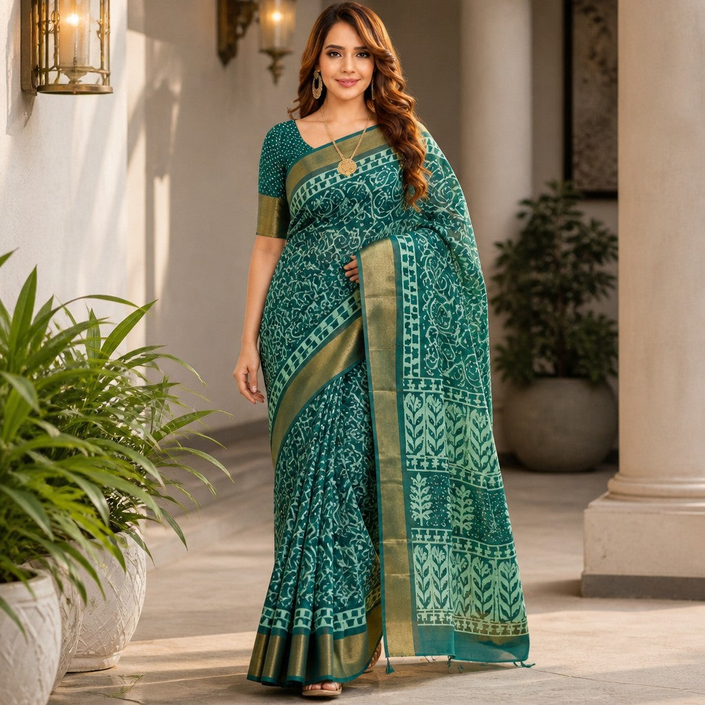 Teal Green Printed Saree with Elegant Gold Border