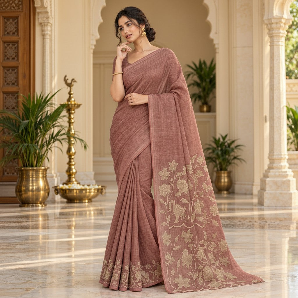 Dusty Rose Floral Embroidered Linen Saree with Elegant Pallu