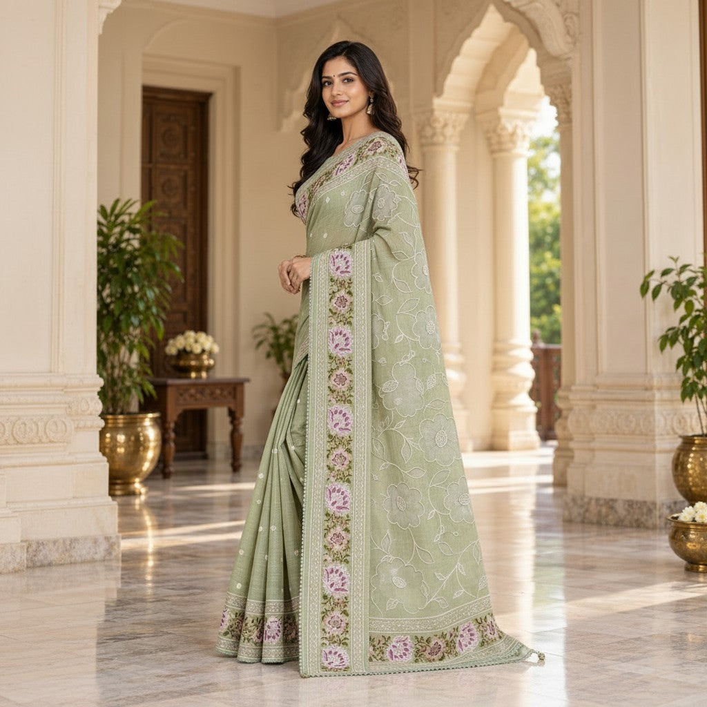 Sage Green Saree with Intricate Floral Embroidery & Elegant Border