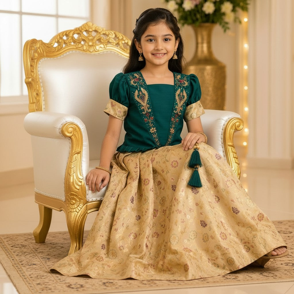 Kids Teal Green & Beige Floral Traditional Lehenga Set with Embroidered Blouse