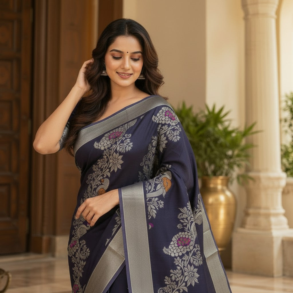 Midnight Peacock Elegance – Navy Blue Designer Silk Saree
