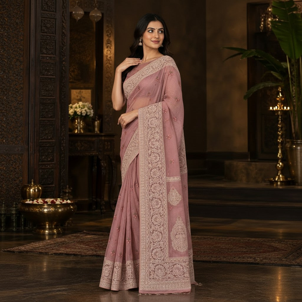 Elegant Mauve Pink Organza Saree with Floral Butti & Intricate Embroidered Border