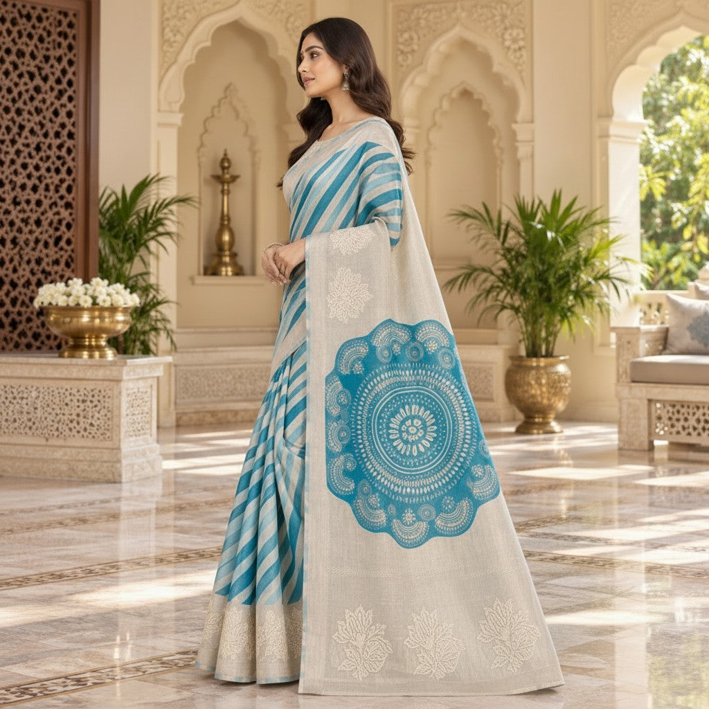 Elegant Ivory & Turquoise Floral Silk Saree with Artistic Pallu