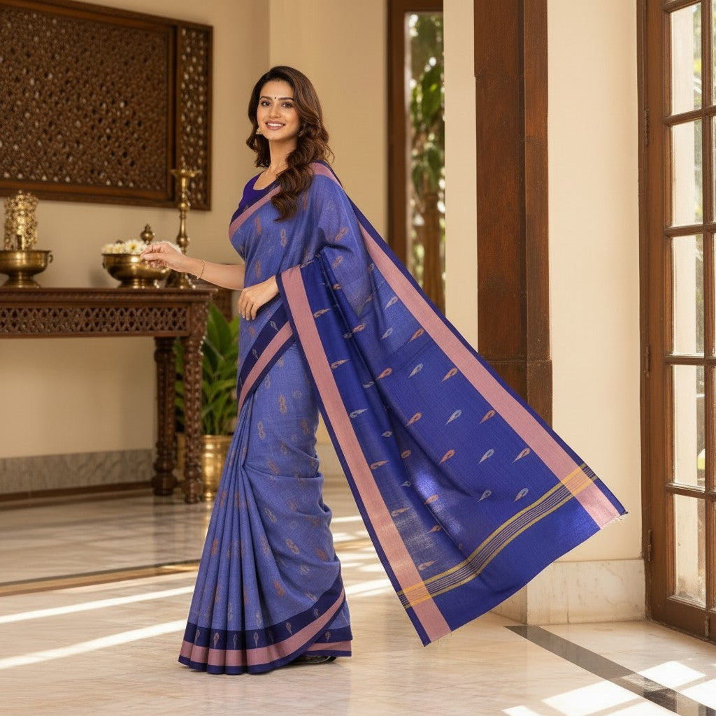 Royal Blue Saree with Mauve Borders and Elegant Woven Motifs