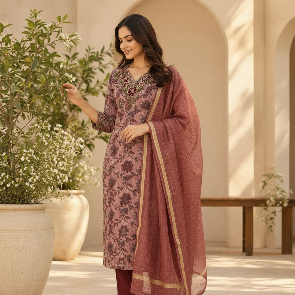 Dusty Rose Floral Embroidered Kurta Set with Dupatta