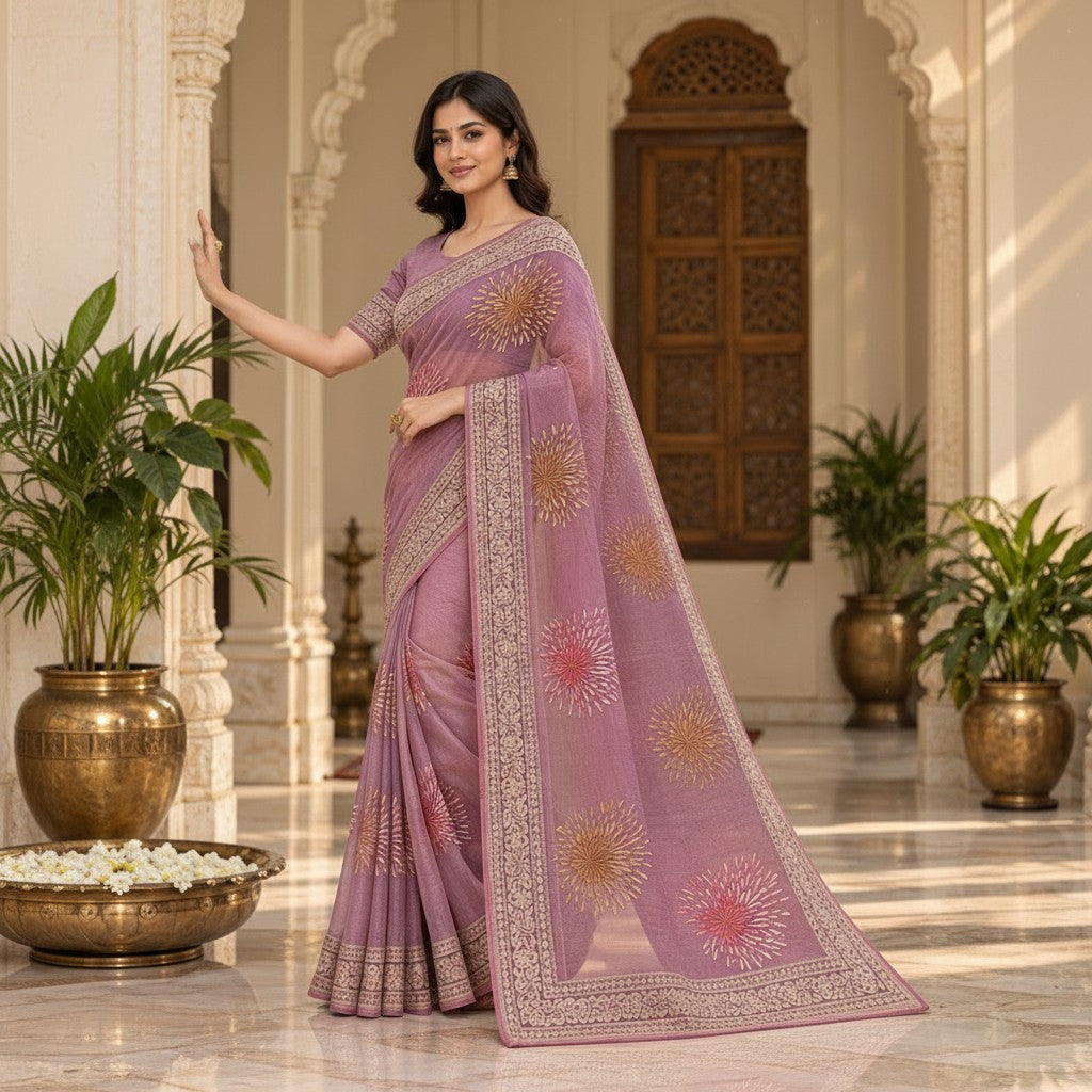 Elegant Mauve Purple Floral Embroidered Saree with Designer Border