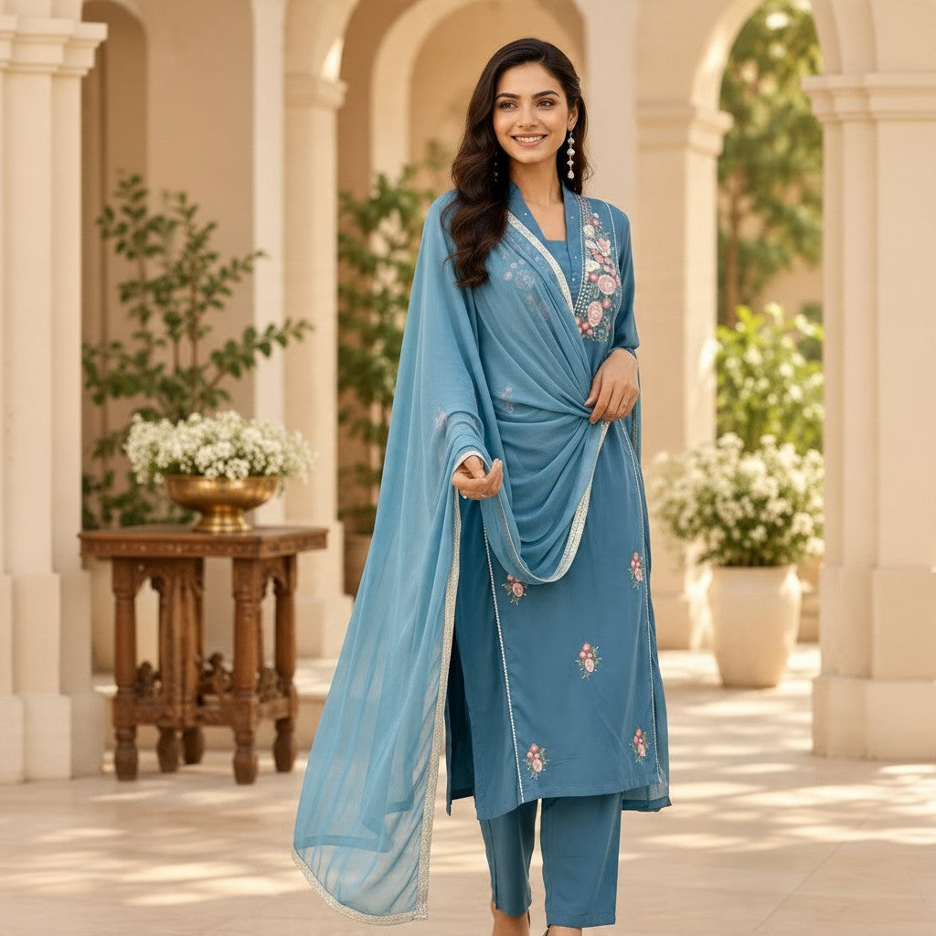 Teal Blue Floral Embroidered Salwar Suit Set