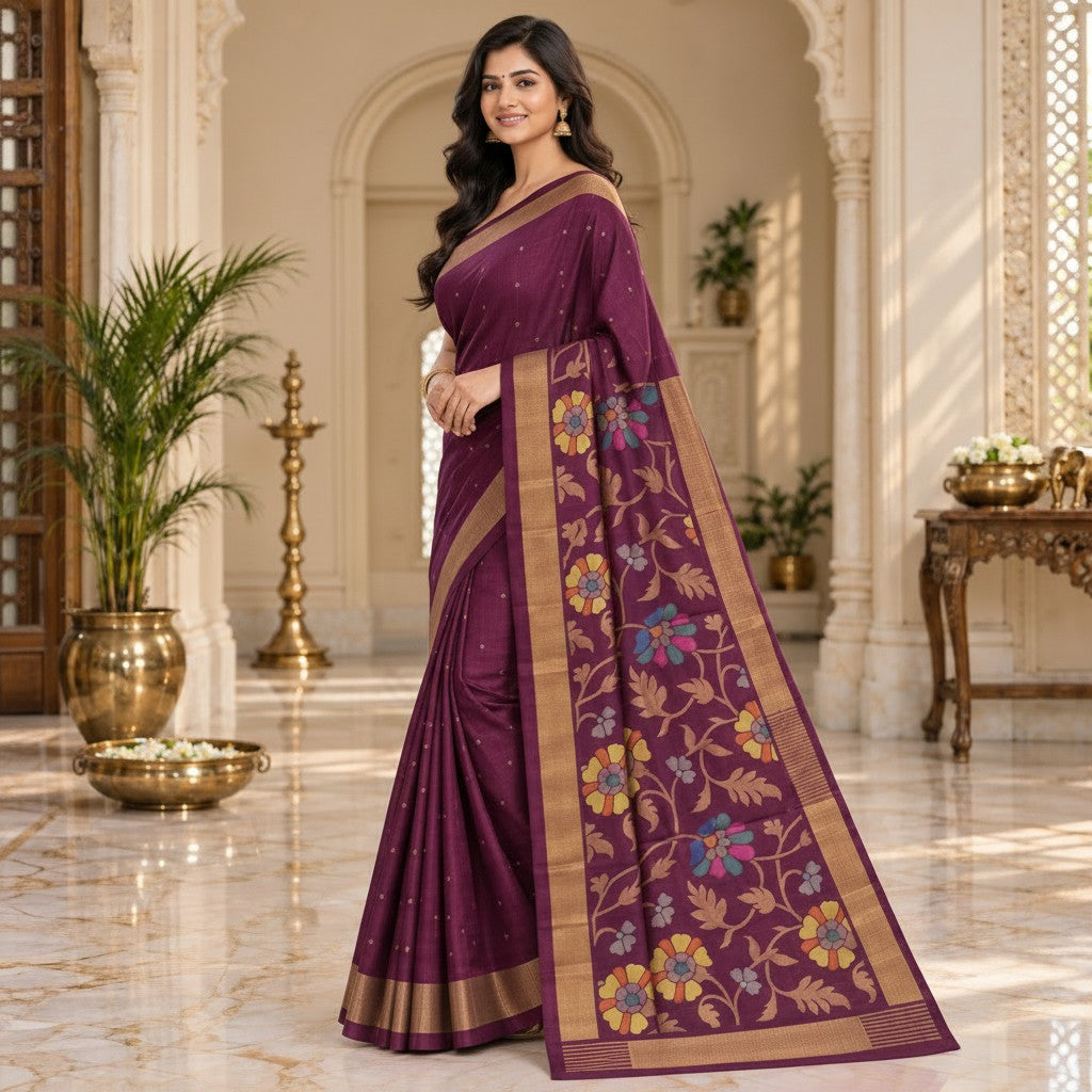 Elegant Plum Purple Handloom Saree with Floral Designer Pallu & Gold Zari Border