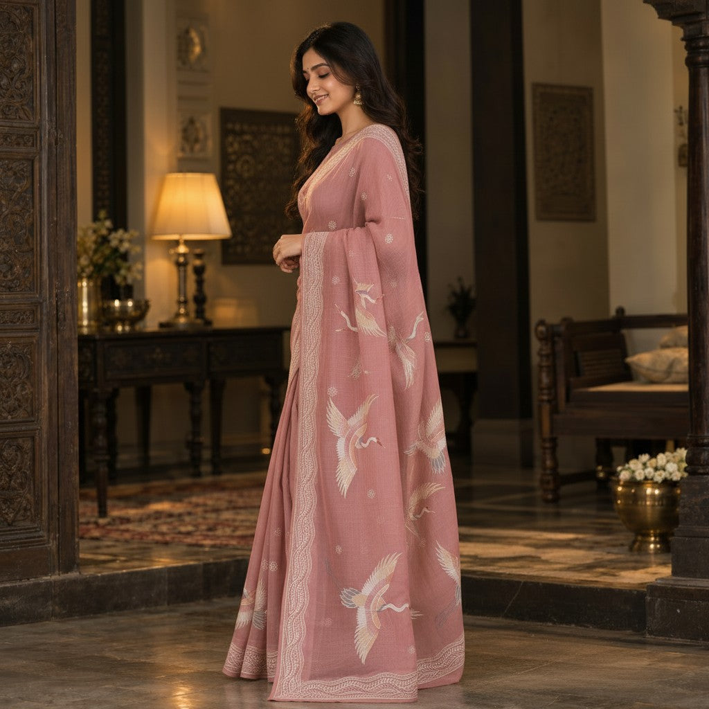 Dusty Rose Pink Floral Crane Embroidered Saree with Elegant Border