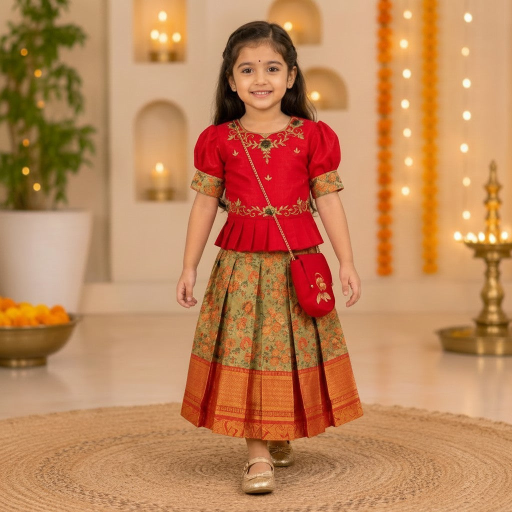 Kids Red & Olive Green Traditional Lehenga Set with Floral Woven Skirt