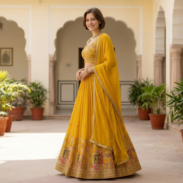 Sunshine Yellow Embroidered Designer Lehenga Choli Set with Dupatta