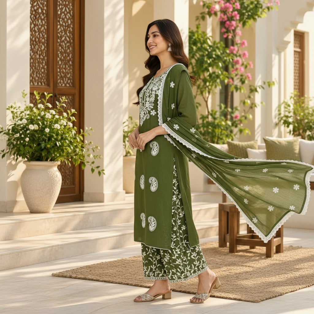 Olive Green Embroidered Kurti Set