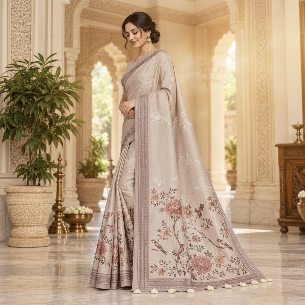 Elegant Beige Floral & Bird Motif Designer Saree