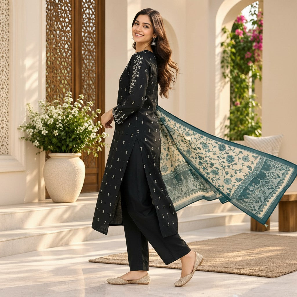 Black & Teal Floral Printed Kurti Set