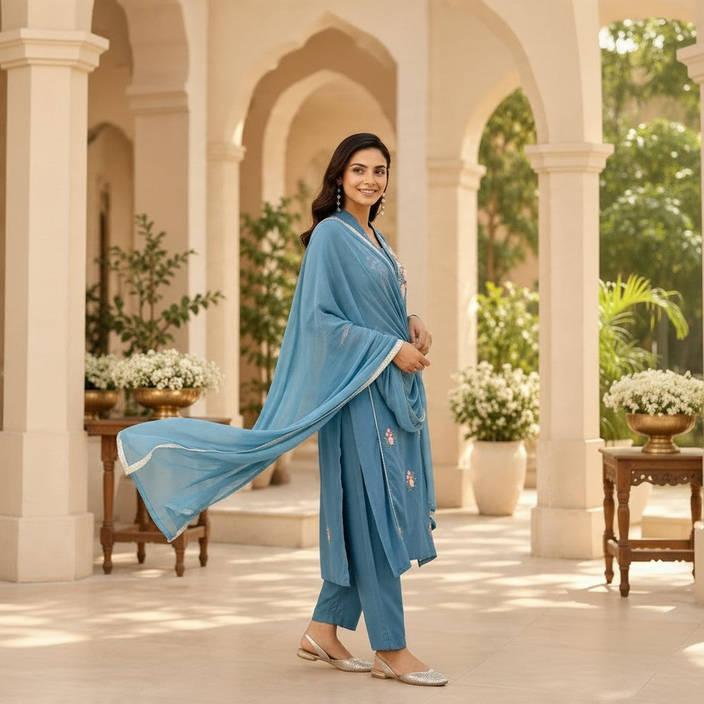 Teal Blue Floral Embroidered Salwar Suit Set