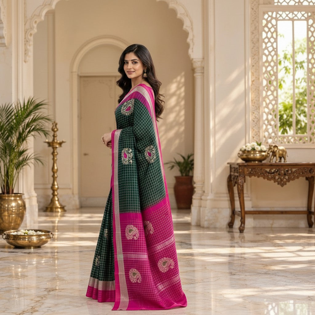 Elegant Dark Green & Pink Checks Handloom Saree with Designer Pallu
