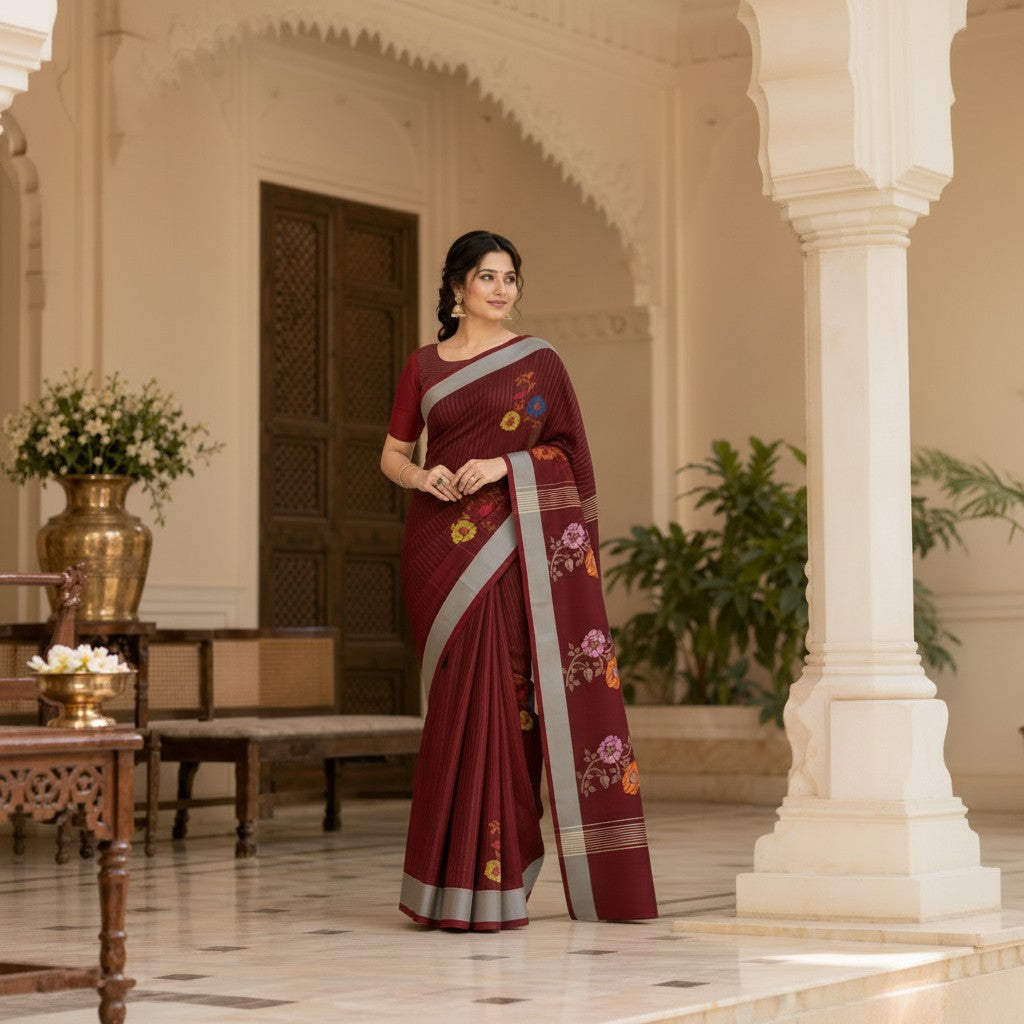 Elegant Maroon Floral Printed Saree with Silver Border