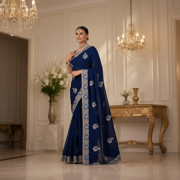 Royal Navy Blue Designer Saree with Silver Floral Motifs