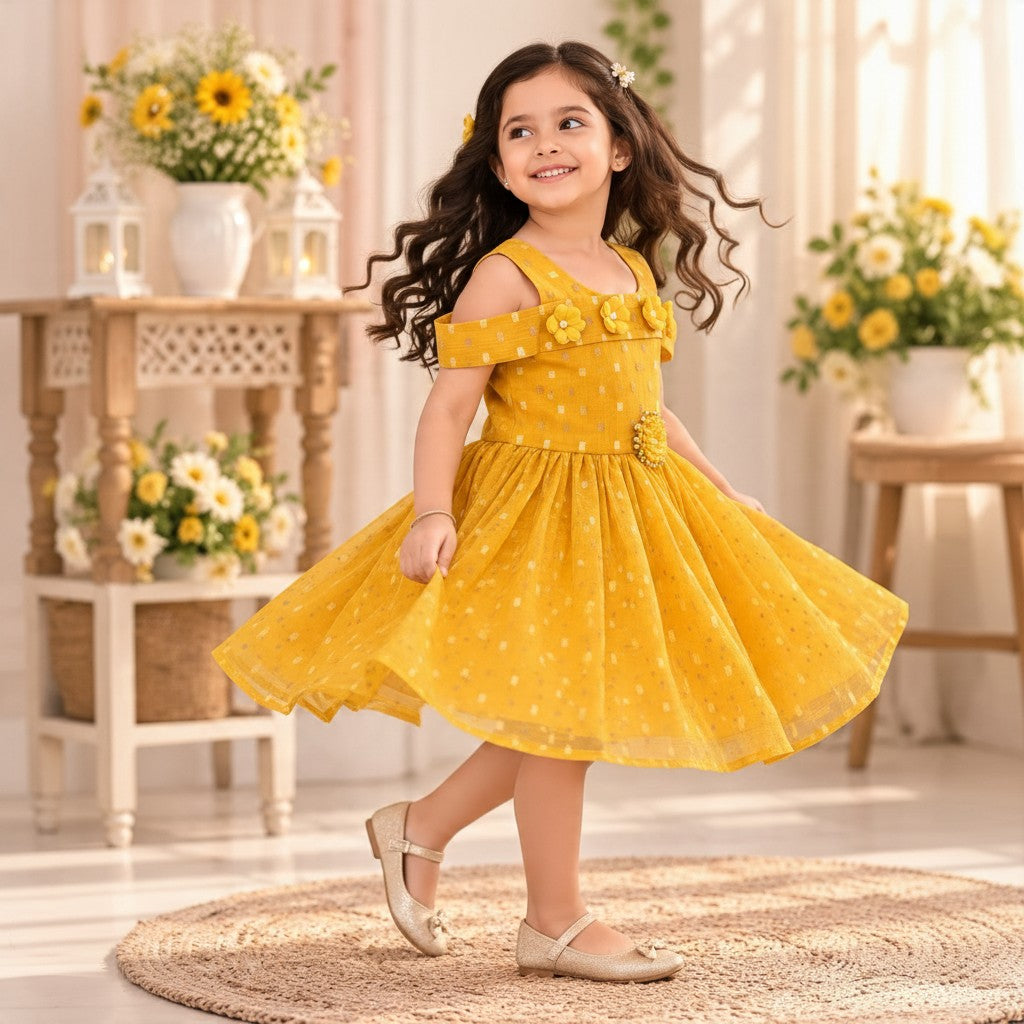 Mustard Yellow Floral Kids Frock