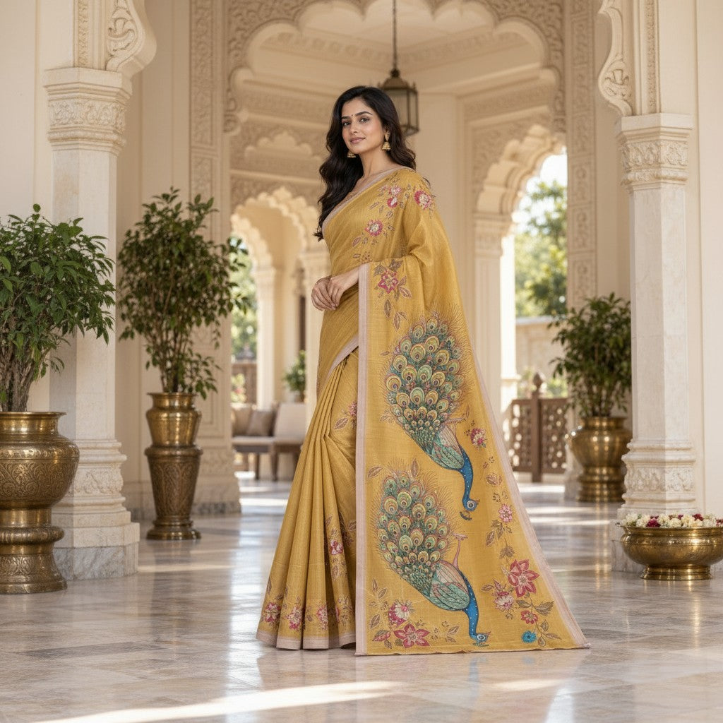 Mustard Gold Saree with Multicolour Floral Embroidery and Peacock Pallu