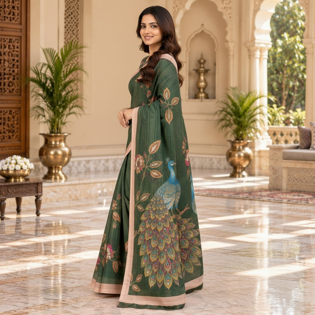 Elegant Forest Green Floral Saree with Peacock Pallu