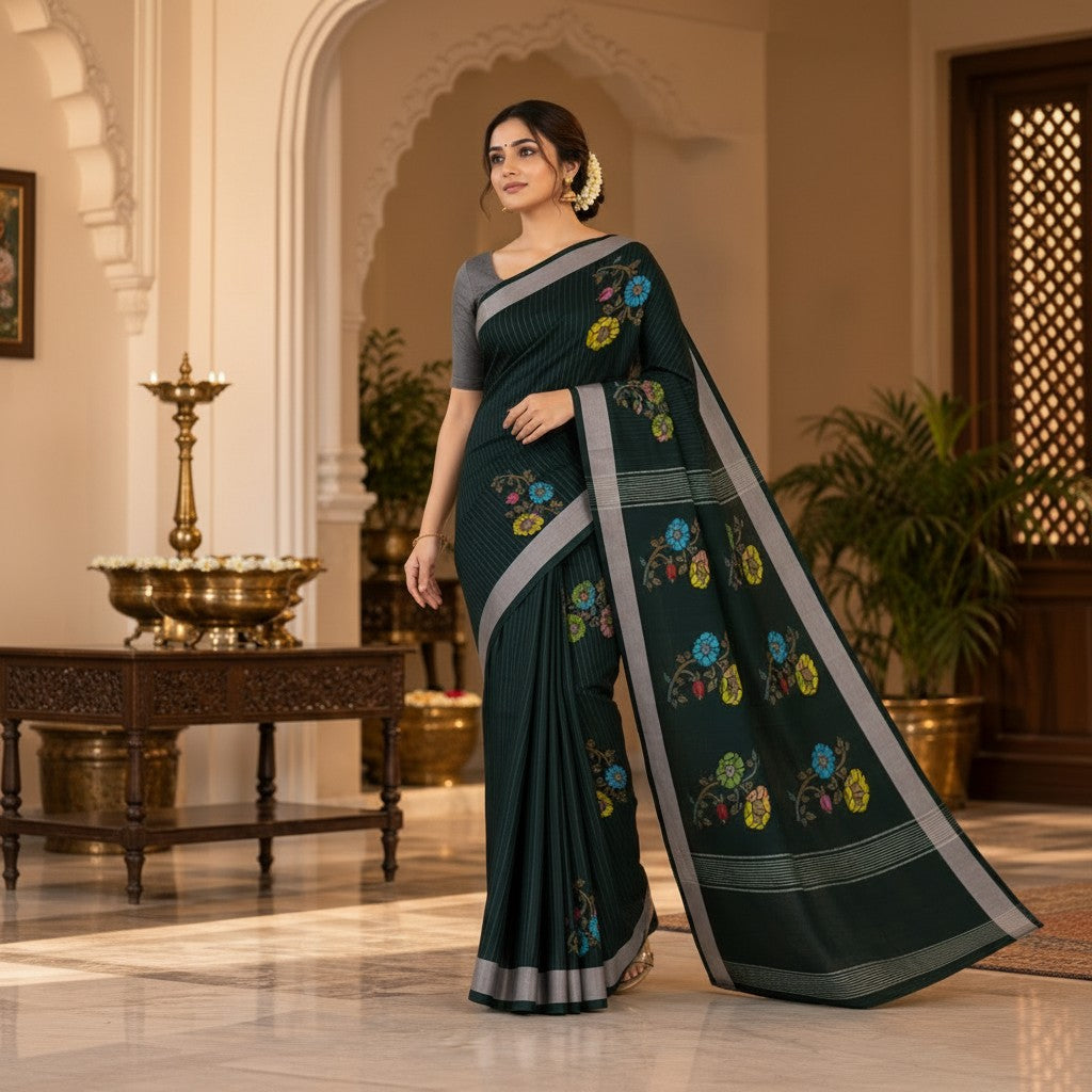 Elegant Forest Green Floral Printed Saree with Silver Border