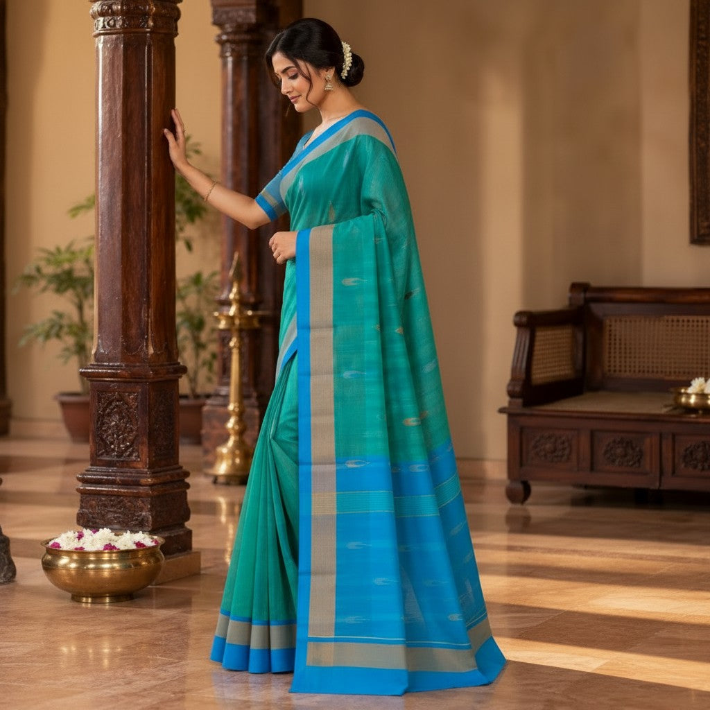 Elegant Teal Blue Handloom Saree with Zari Border & Blue Pallu