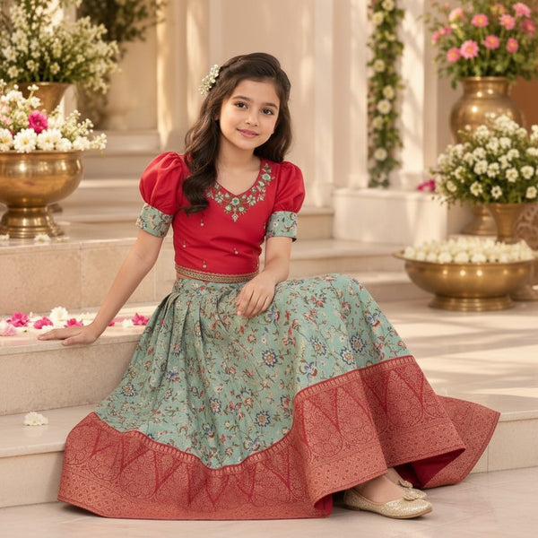 Red & Mint Green Floral Kids Lehenga Set