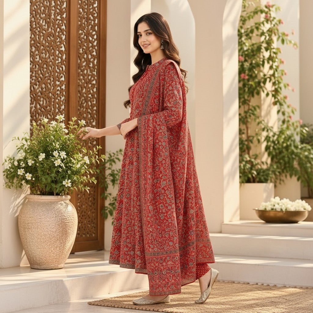 Red Floral Printed Kurti Set
