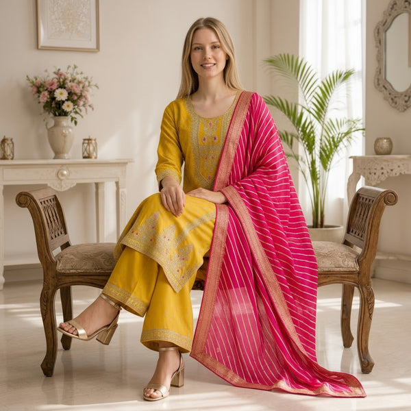 Mustard Yellow Embroidered Straight Kurta Set with Pink Leheriya Dupatta