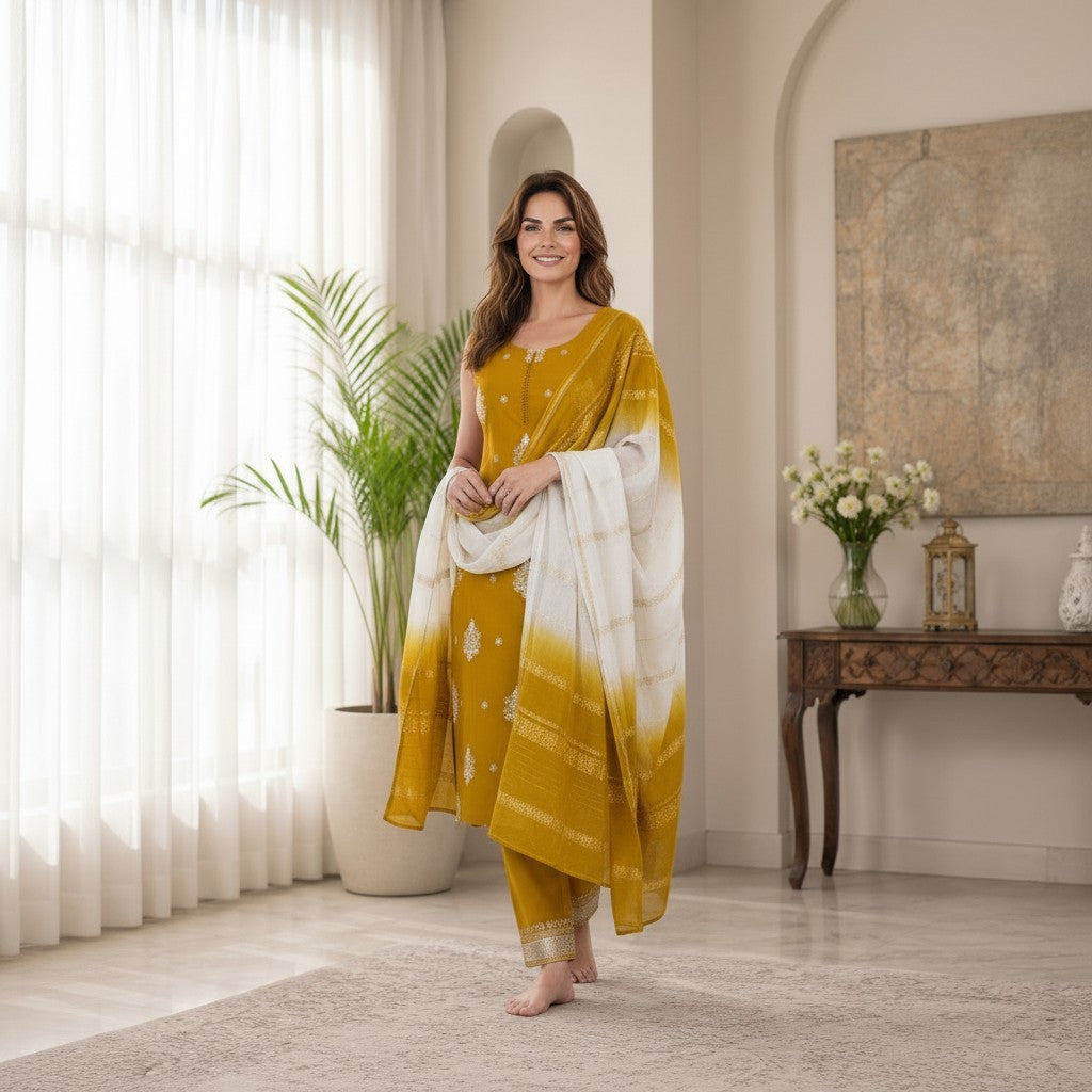 Mustard Yellow Embroidered Straight Kurta Set with Dual-Tone Woven Dupatta