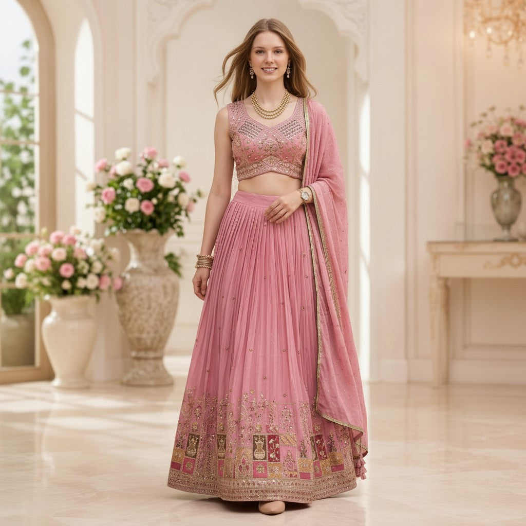 Blush Pink Embroidered Designer Lehenga Choli Set with Dupatta