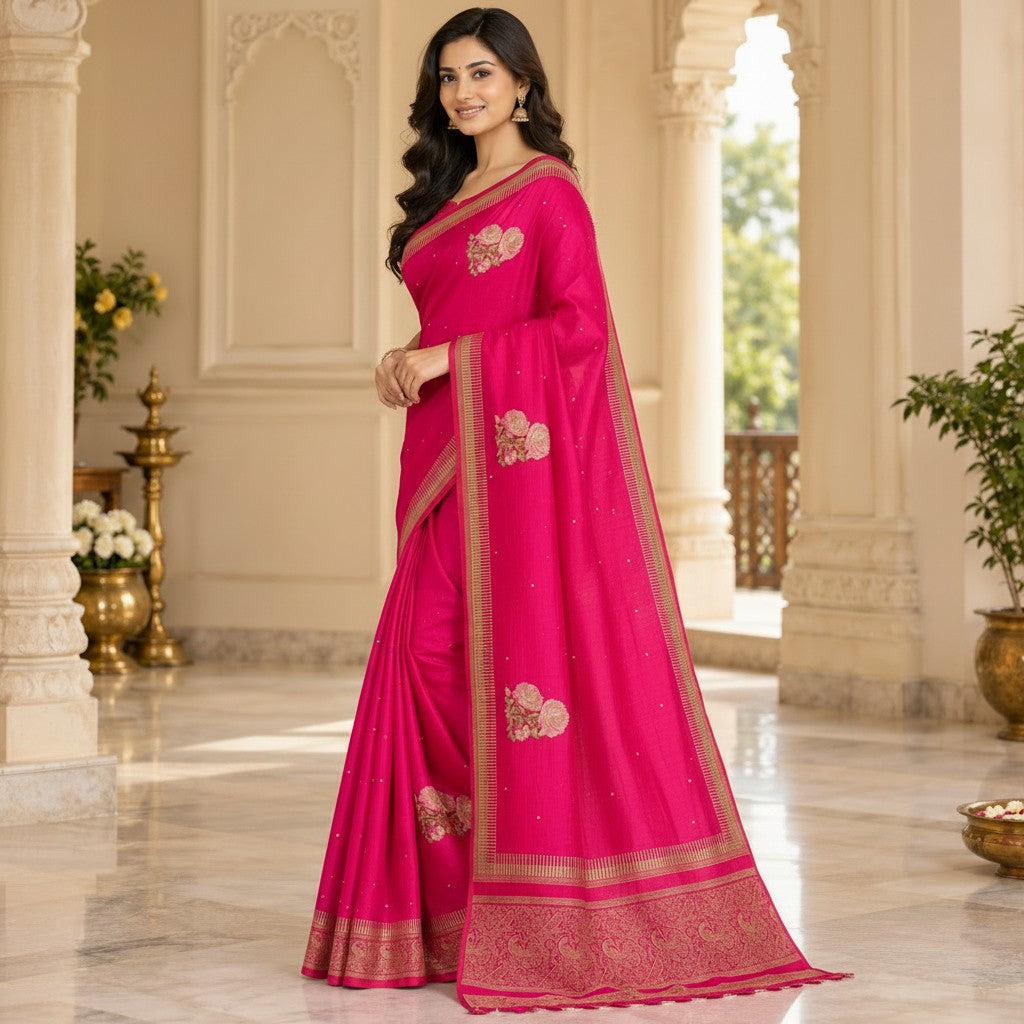 Elegant Magenta Silk Saree with Floral Embroidery & Rich Zari Border