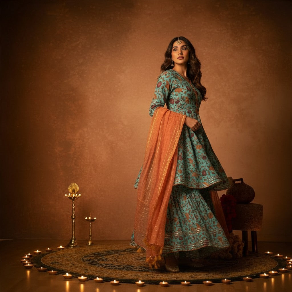Blue Floral Printed Anarkali Suit with Rust Dupatta Set