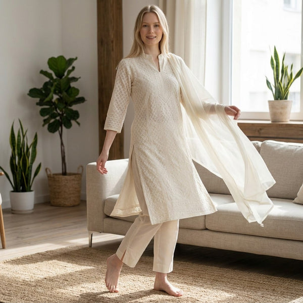 Classic White Embroidered Straight Kurta Set with Matching Dupatta