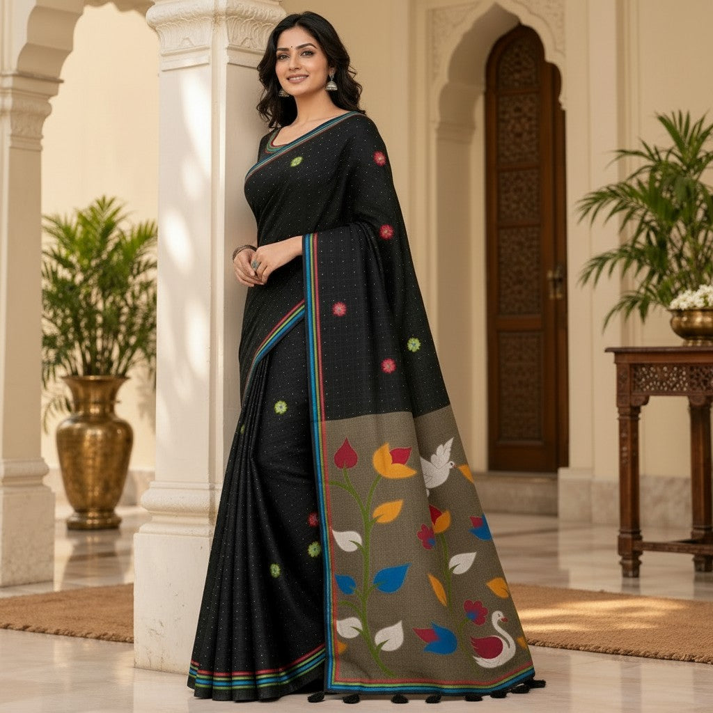 Elegant Black Handloom Saree with Multicolour Floral Motifs & Artistic Pallu