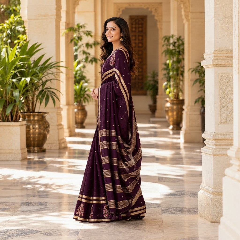 Elegant Deep Plum Saree with Antique Gold Borders & Floral Embroidery