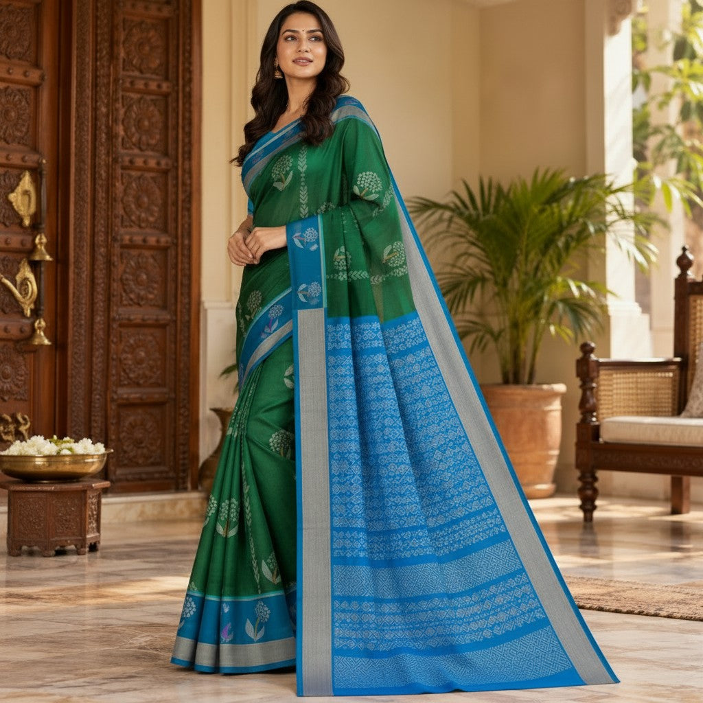 Elegant Emerald Green and Royal Blue Designer Saree with Silver-Grey Border