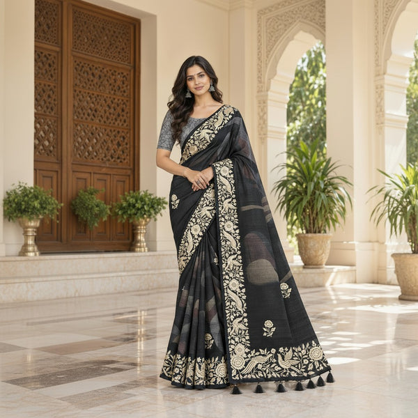 Elegant Black Saree with Ivory Floral Embroidery & Designer Pallu